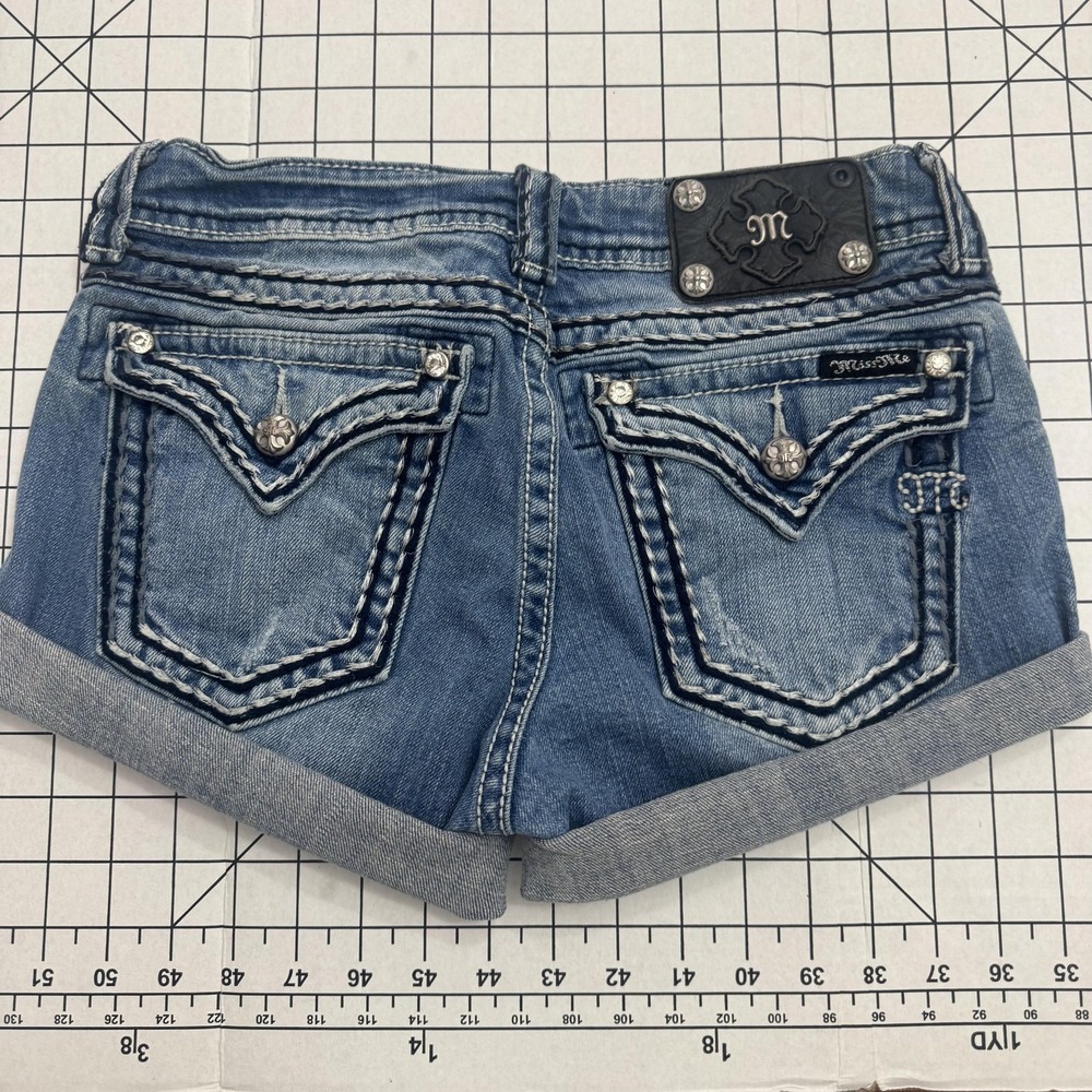 Miss Me Shorts Womens 28 Blue Denim Cuffed Cut Off Embroidered Rhinestone